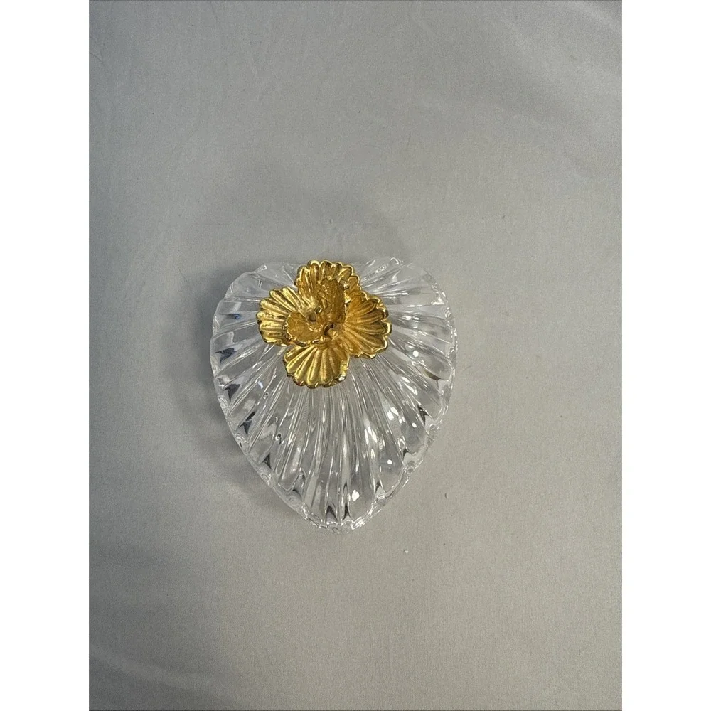 Vintage Italian Crystal Heart Shaped Jewelry Trinket Box with 3D Gold Flower